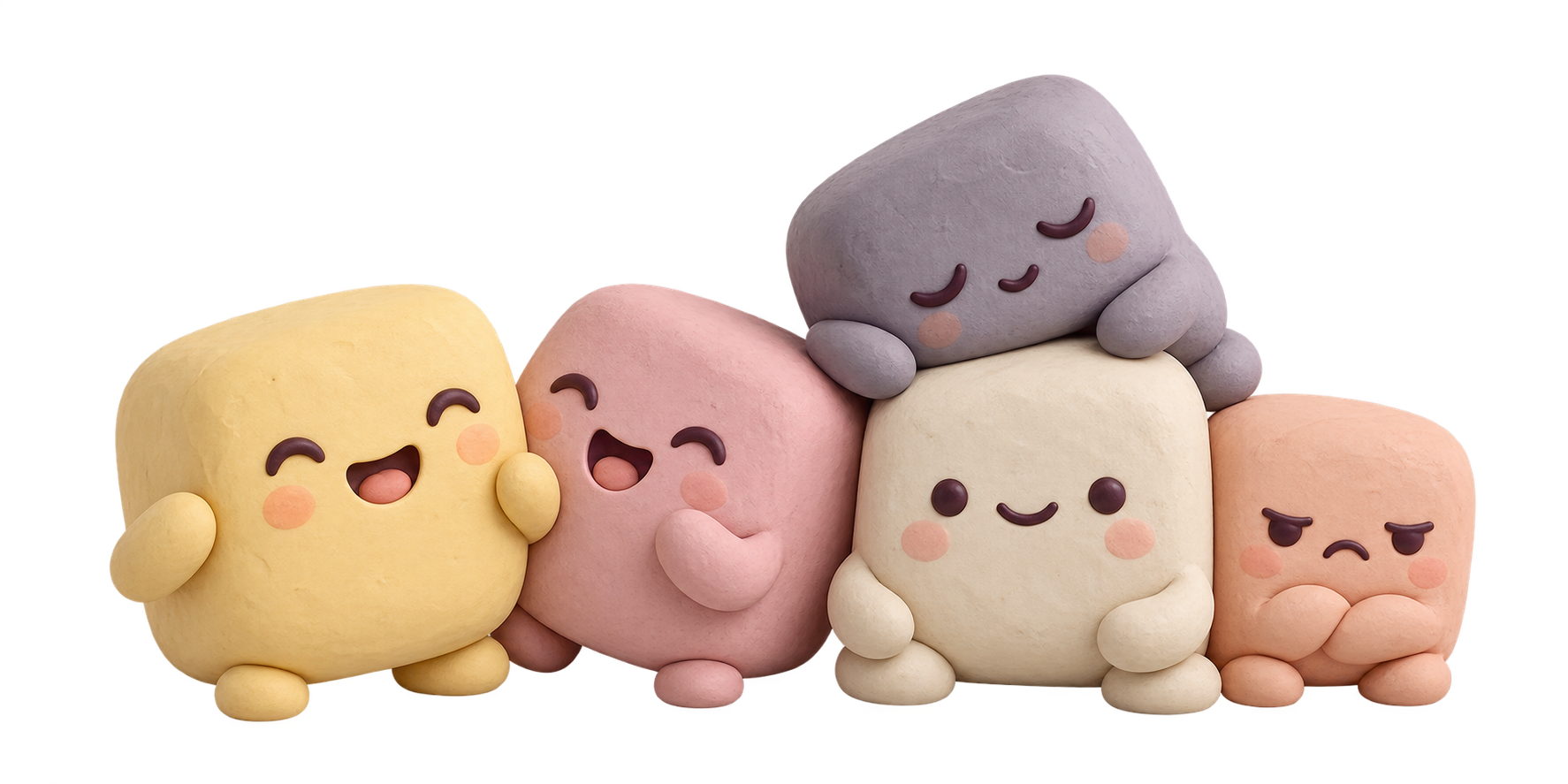 Lima karakter mood dari clay berwarna kuning, pink, krem, ungu, dan peach